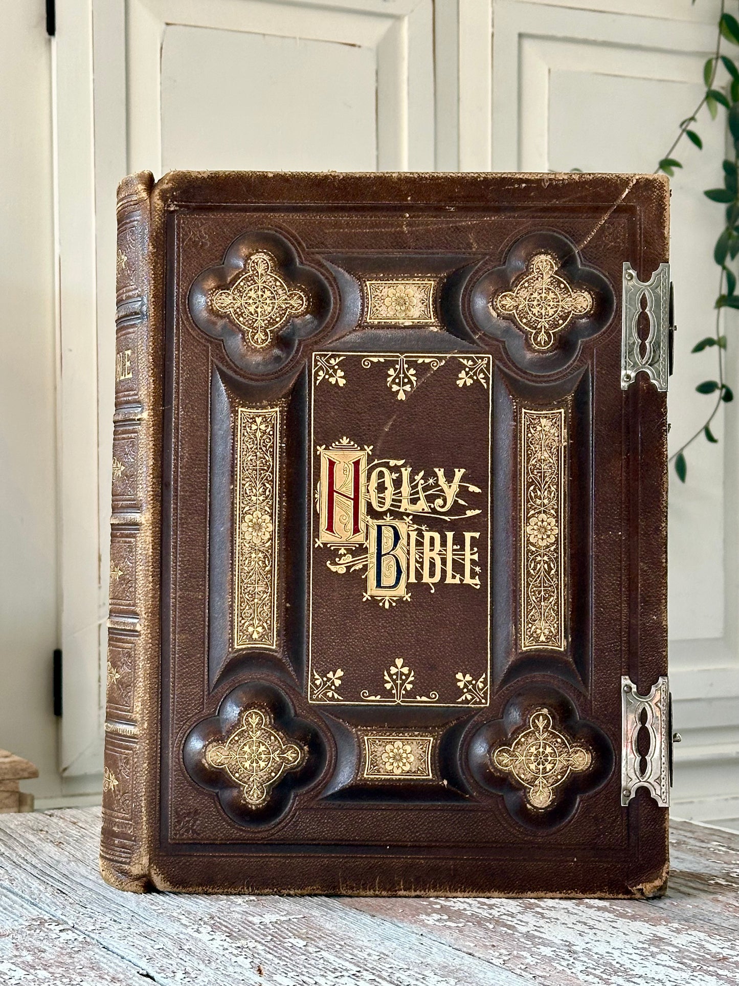 Huge Leather Holy Bible with Silver Latches (c. Mid 1800s)