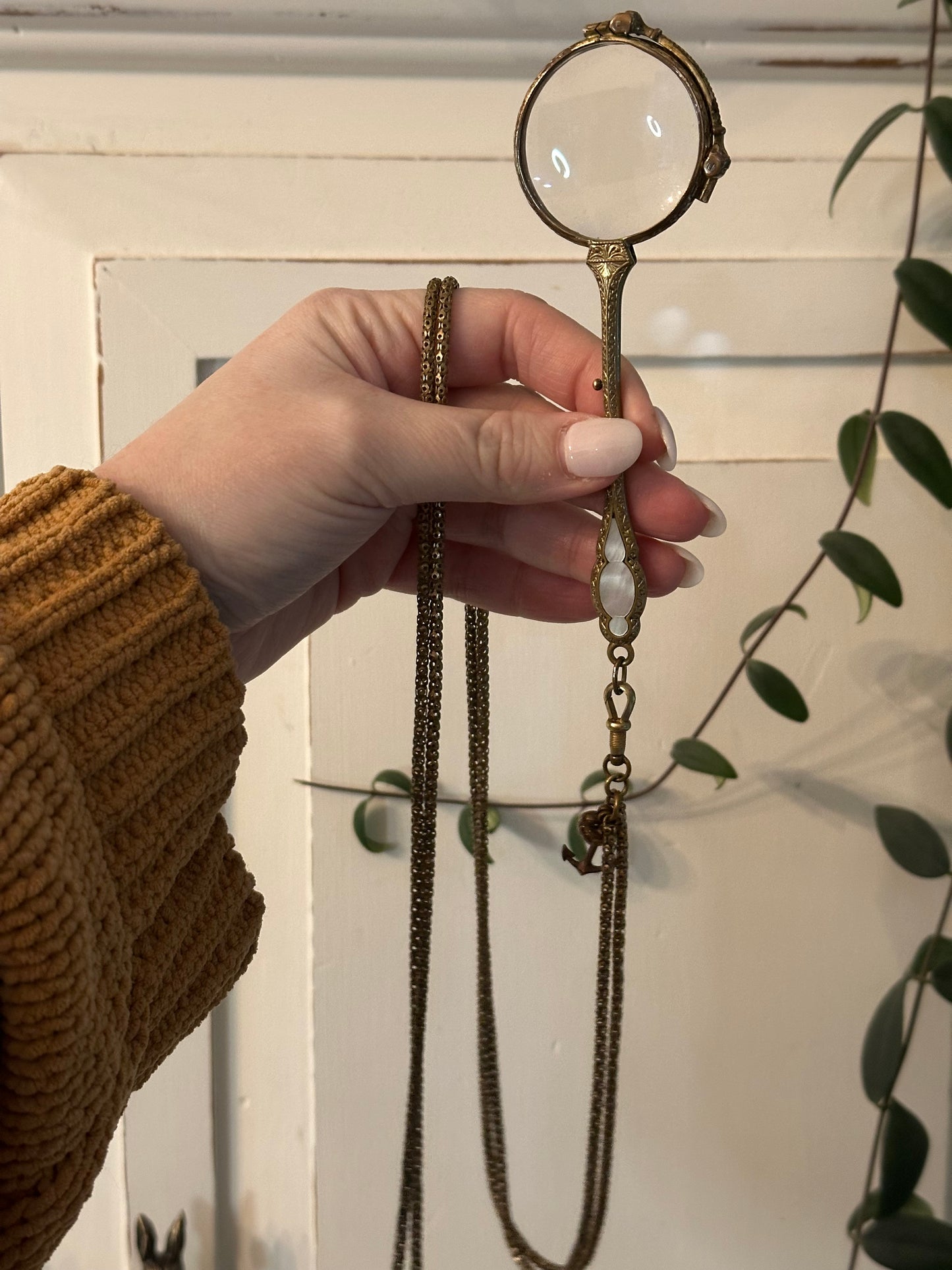 Antique French Lorgnette Glasses with Brass & MOP