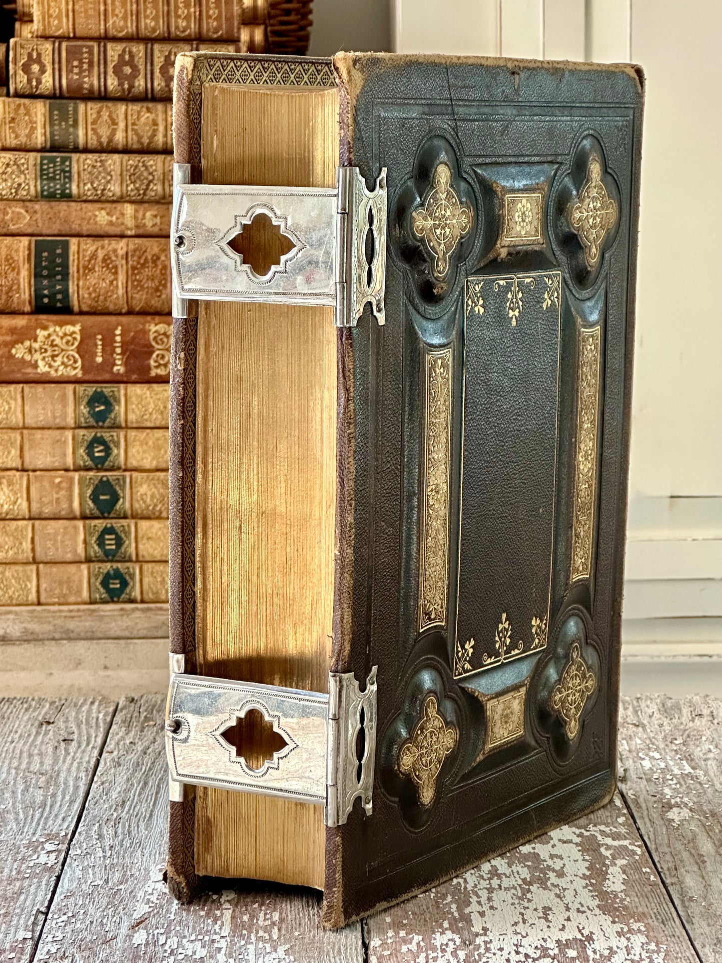 Huge Leather Holy Bible with Silver Latches (c. Mid 1800s)