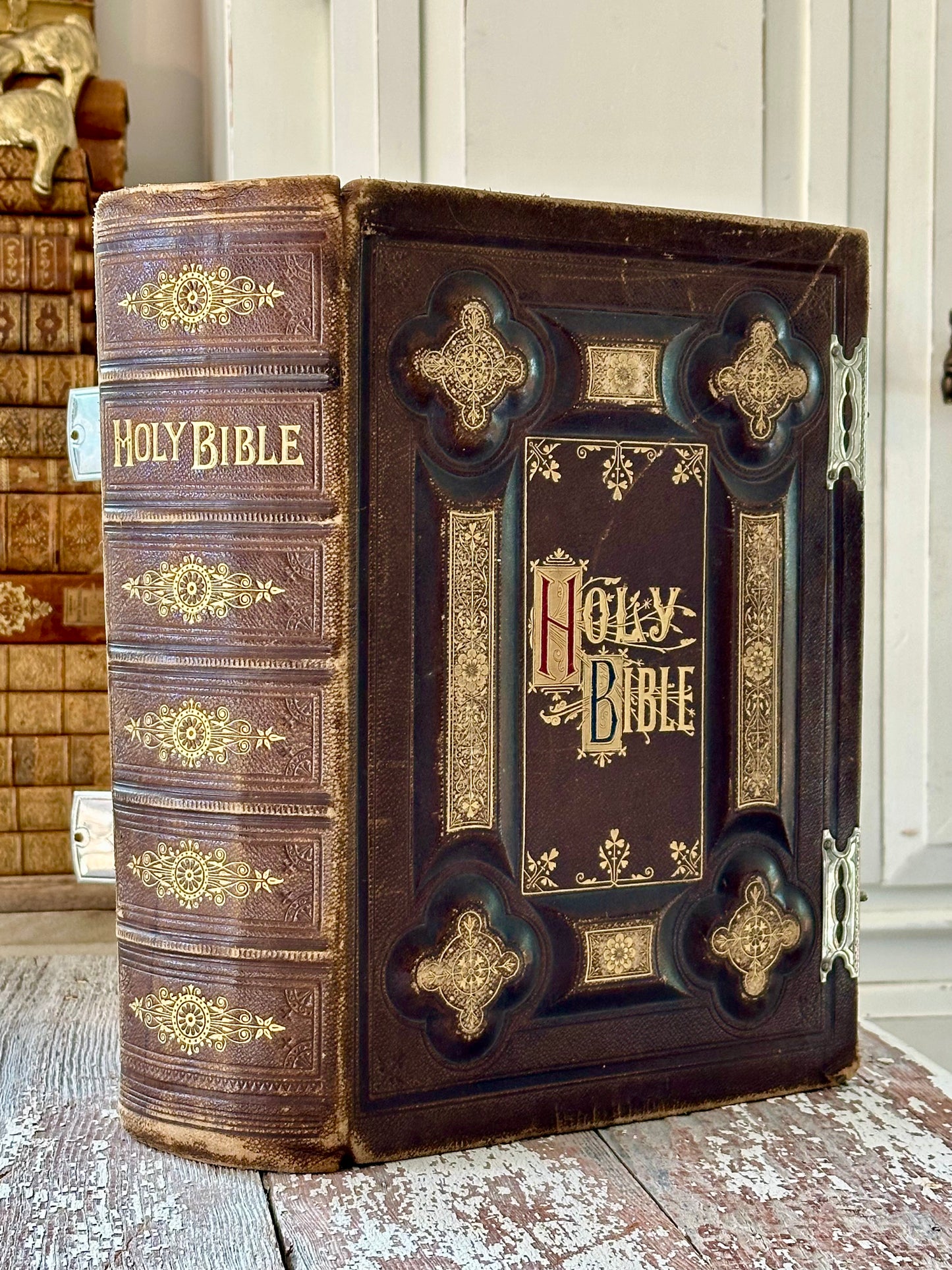 Huge Leather Holy Bible with Silver Latches (c. Mid 1800s)