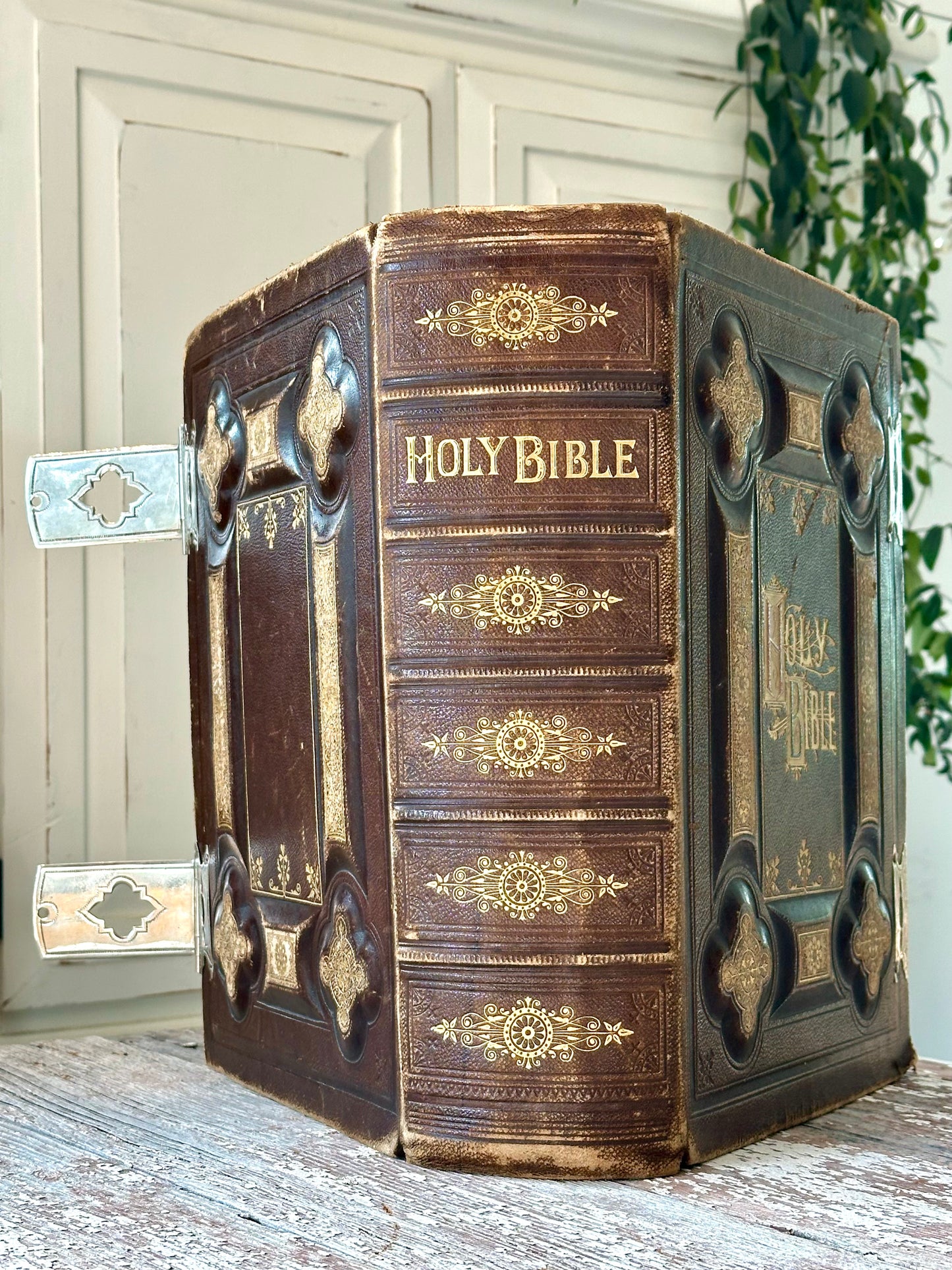 Huge Leather Holy Bible with Silver Latches (c. Mid 1800s)