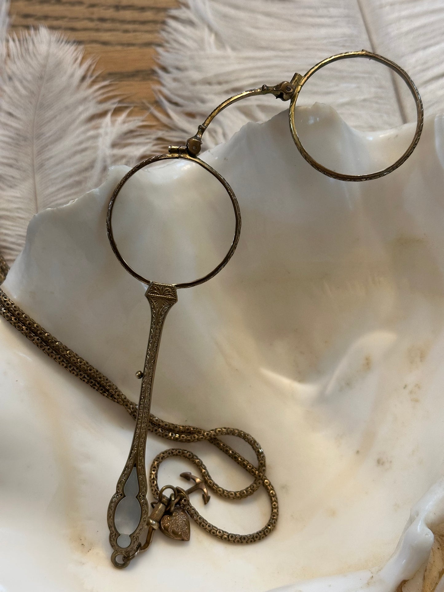 Antique French Lorgnette Glasses with Brass & MOP