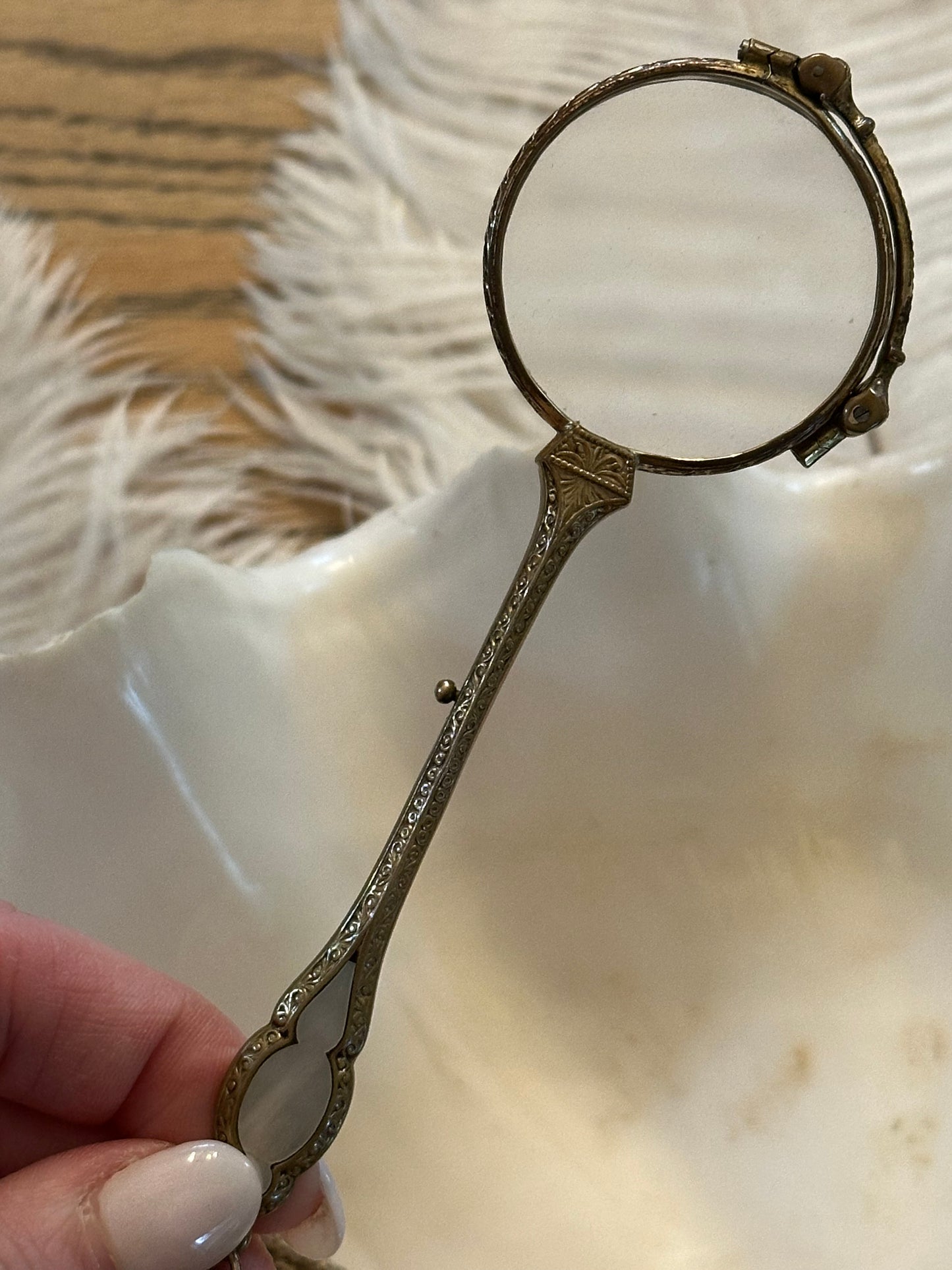 Antique French Lorgnette Glasses with Brass & MOP